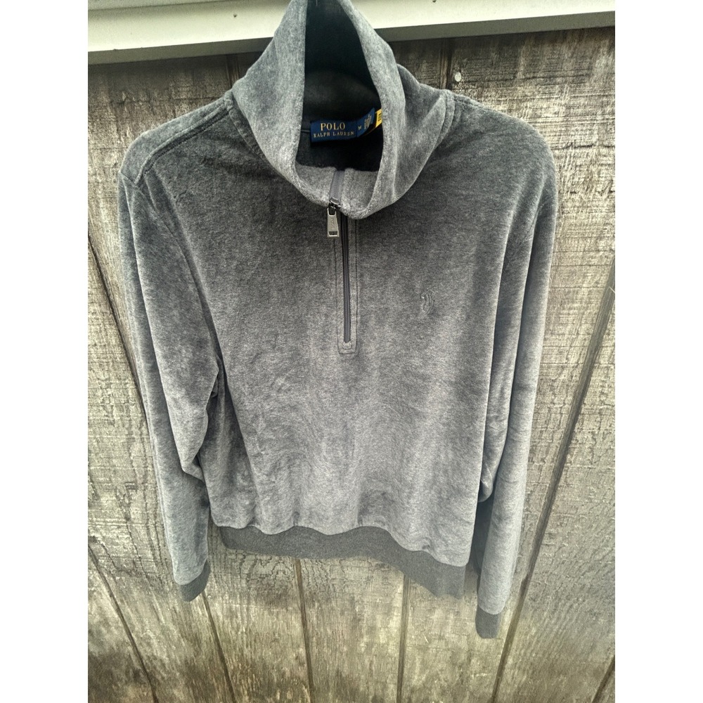 Polo Ralph Lauren Women Grey Velour QuarterZip Pullover Y2K Preppy Oversize Crop